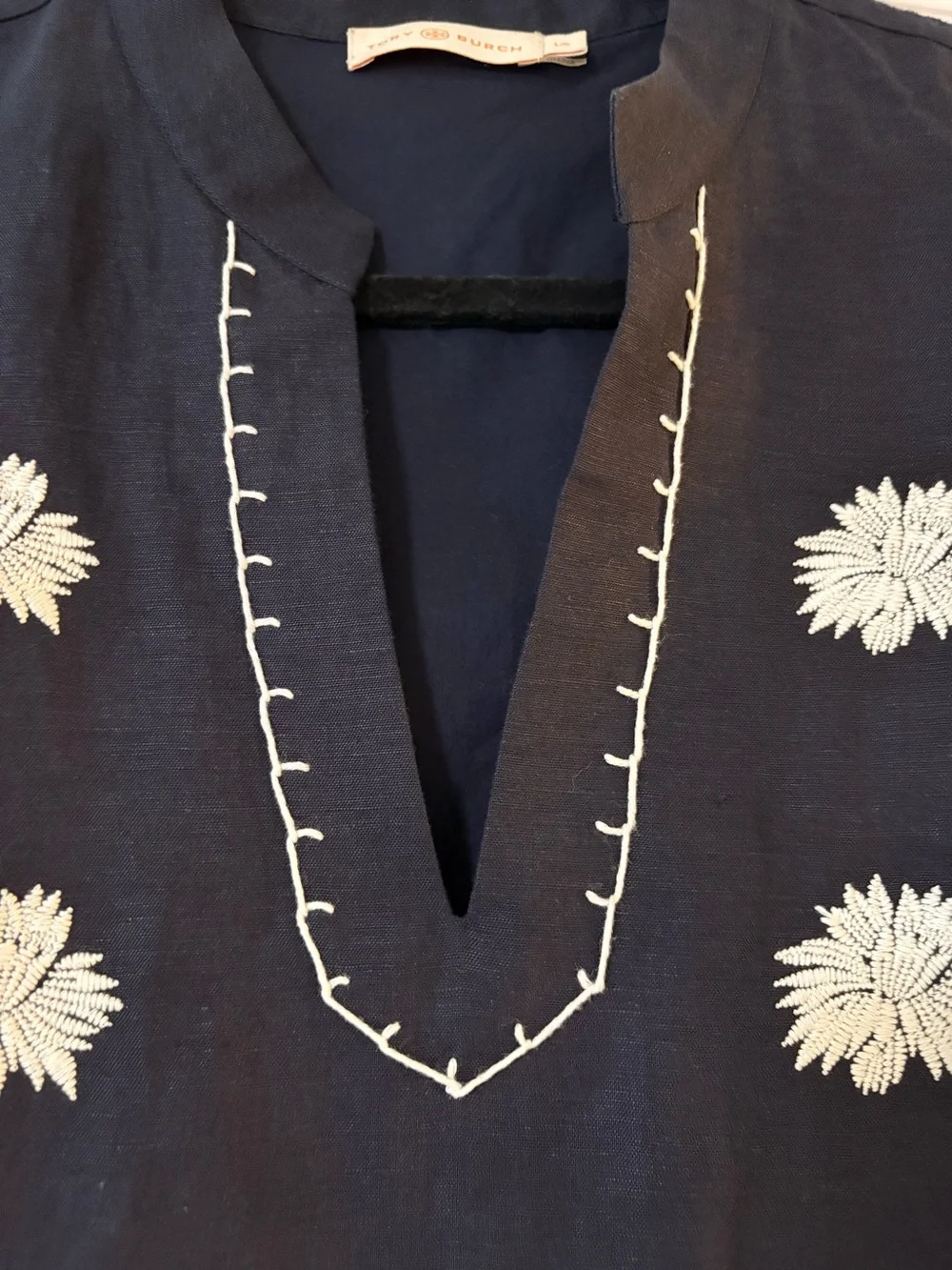 Tory Burch Navy Sleeveless Shift Dress with White Floral Embroidery
